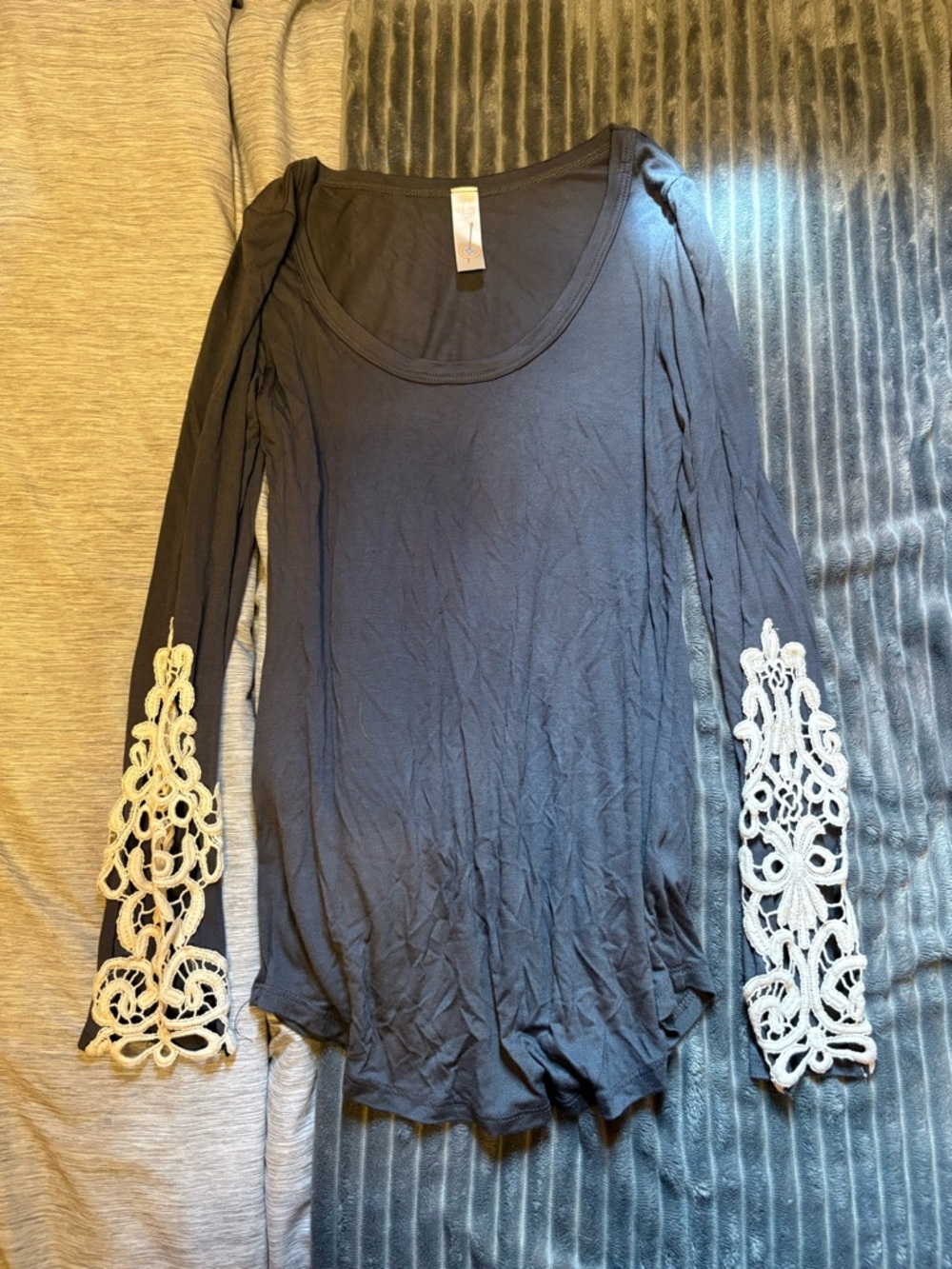 Women’s Black Long-Sleeve Scoop Neck Top with White Lace Sleeves